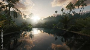 Infinity pool with jungle in the background. Palm tree forest and infinity pool