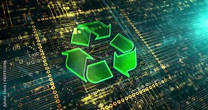 Recycling symbol, environment, ecology, reduce e-waste, green technology and industry icon concept. Metal symbol on circuit board. Abstract concept 3d rendering animation.