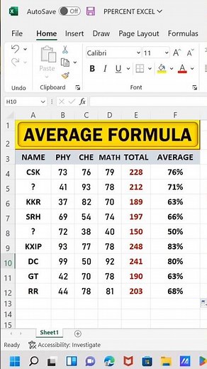 AVERAGE Formula in Excel | How to Calculate AVERAGE in Excel #shorts #excel #computer