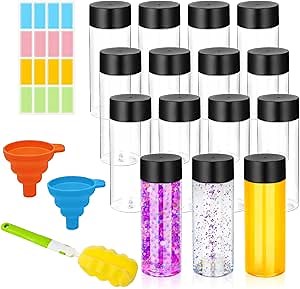 DI QIU REN 16 Pack Clear Plastic Bottles Empty Sensory Bottles with Caps – Reusable Juice Bottles Drink Containers Leakproof Water Bottle for Juice Milk (Black Lids, 10 oz / 300 ml)