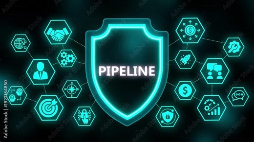 PIPELINE Concept Visualized with a Neon Blue Shield and Hexagonal Icons on a Dark Digital Network