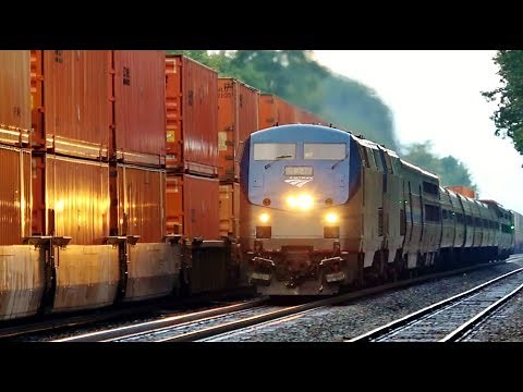 Amtrak Races Past Giant 204 Car Double Stack Train