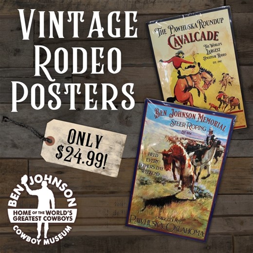 Get that classic cowboy look for your home with our Vintage Rodeo Posters! Available in the BJCM Western Art Gallery & Gift Shop, or order them straight from our website! 👇👇👇 https://www.benjohnsoncowboymuseum.com/colle.../rodeo-poster #benjohnsoncowboymusem #worldsgreatestcowboys #osagecountycowboys #benjohnson #rodeolife #cowboylife #glimpseinhistory #westernart #cowboytradtion | The Ben Johnson Cowboy Museum