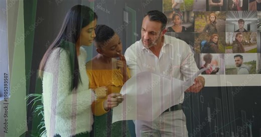Team of three leaning over table left woman pointing and starting animated business charts on plan