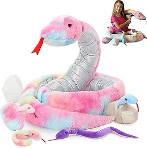 MaoGoLan 8Pcs Rainbow Snake Stuffed Animal 118 inch Giant Stuffed Snake Mommy with 4 Babies & 3 Eggs Inside, Bulk Large Boa Constrictor Plush for Boys Girls Kids Halloween Prank Props Gifts
