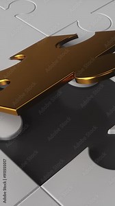 3d white jigsaw puzzle one tile out. Last piece golden color goes to finish the game, fit in, success, problem solved, mission completion, correct solution concept, business presentation. Vertical