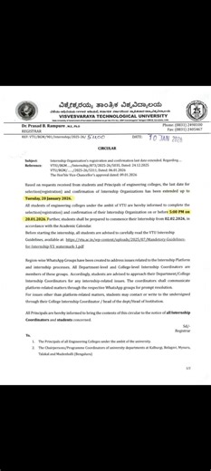 Internship Registration Date extended for VTU 7th Semester students