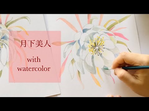 水彩の月下美人、スカーフの模様に Queen of the night flower with Watercolor, Floral motifs and Pattern [TimeLapse]