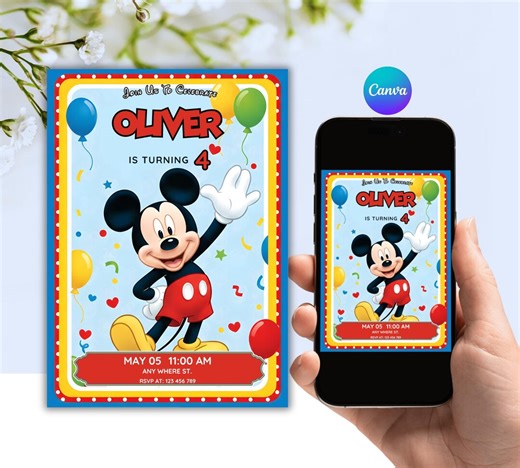 Editable Mickey Mouse Birthday Invitation | Digital Canva Template - Etsy