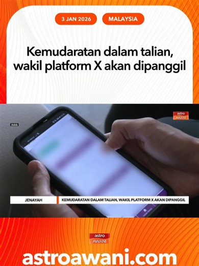 Suruhanjaya Komunikasi dan Multimedia Malaysia (MCMC) sedang menjalankan siasatan terhadap kemudaratan dalam talian yang berlaku di platform X dan akan memanggil wakil platform berkenaan bagi mendapatkan penjelasan berhubung penyalahgunaan alat kecerdasan buatan (AI) untuk menghasilkan kandungan memudaratkan. #AWANInews
