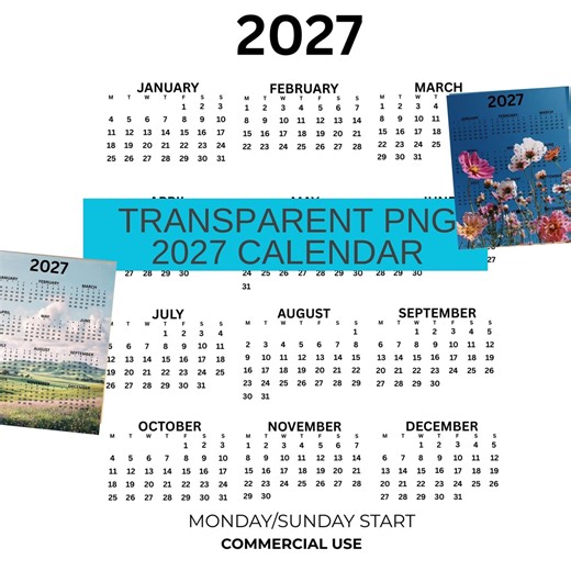 Annual 2027 Calendar PNG Transparent Background Calendar Instant Download PNG 2027 PNG Transparent Calendar Sunday Monday Start Calendar - Etsy Canada
