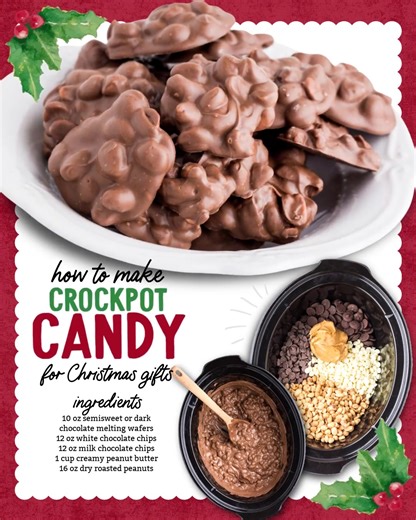 93K views · 488 reactions | Sweet, crunchy, and perfect for gifting. Crock Pot Candy = Christmas classic  Ingredients 10 ounces semi-sweet or dark chocolate melting wafers 12 ounces white chocolate chips 12 ounces milk chocolate chips 1 cup creamy peanut butter 16 ounces dry roasted peanuts | Very Best Recipes | Facebook
