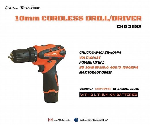 Introducing the Golden Bullet CHD 3692 Cordless,multipurpose ,compact and portable drill/driver. This machine is your companion from basic to complex drilling jobs ,it can be used for drilling and screw-driving .It comes with 2 lithium batteries ,has a key less chuck,LED light to supervise your jobs ,speed change lever and has an adjustable torque. Now available with dealers near you. For more details , Contact us at:care@bullet.co.in Team Golden Bullet. | Golden Bullet