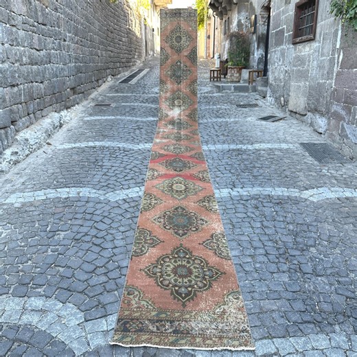 Very Long Vintage Turkish Runner Rug 2.6x23.6 Ft, Orange Wool Hallway Runner, Extra Long Anatolian Carpet, Handwoven Rustic Boho Rug - Etsy