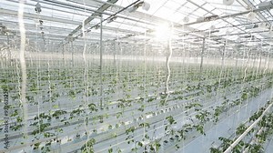 Industrial greenhouses, many rows of green plants.