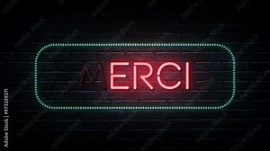 Red and blue neon Merci word animation. Suitable for video intro or greetings. Neon animated video on a brick wall background, welcome words in French. 4K