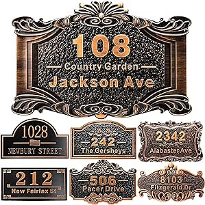 Personalized House Address Plaque 12" Cast Numbers for Outside Custom Street Name Address Sign Plate Vintage for Mailbox Door Room Classic Wall Outdoor Antique Copper