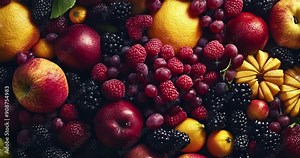 Design a fresh and inviting background with a top view of assorted real fruits, captured in high definition with vibrant colors and textures, ensuring a clean, noise-free presentation that highlights