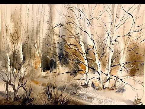 Lois' Simple Birch Trees WITHOUT Masking Fluid! Watercolor Landscape Painting Loose Watercolour Demo