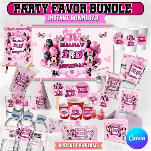 Minnie Mouse Birthday Party Favors, Minnie Birthday Printables, Chip Bag, Capri Sun, Water Bottle, Gable Box Label, Minnie Birthday Favor - Etsy