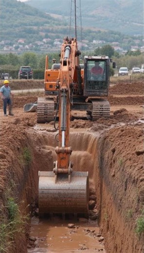 Powerful Excavator Digging a Trench in Muddy Conditions | Heavy Equipment in Action