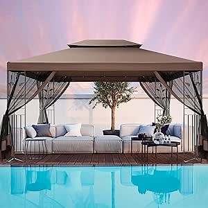 HOTEEL 10x13 Gazebo on Clearance, Outdoor Gazebo Tent with Mosquito Netting and Ventilated Double Flat Roof, All Weather Easy Assembly for Patio, Backyard, Garden (2025 New Model)