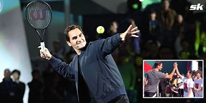 Roger Federer plays tennis with youngsters in Shanghai during Uniqlo's global event series