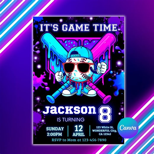 Baseball Ice Cream Drip Birthday Invitation, 8th Birthday Boys Sports Invite, Editable Canva Template - Etsy