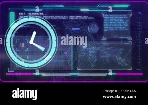 Animation of clock moving fast and data processing on screen. Global communication and data security concept digitally generated video Stock Video Footage - Alamy