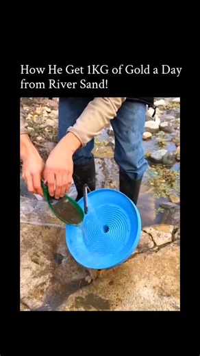 रोचक हिंदी ज्ञान on Instagram: "The video depicts a man using a blue spiral concentrator to separate fine gold particles from river sand through water agitation and magnetic removal of iron, culminating in smelting a small nugget, though the 1kg daily yield claim appears exaggerated for dramatic effect. Replies from users highlight widespread scepticism, labelling it clickbait or a potential scam tactic to promote equipment sales, with one referencing a 150-year-old trick of seeding rivers with 