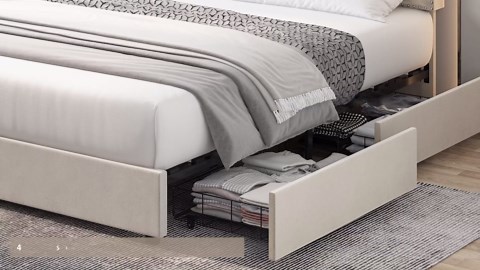 HOSTACK Full Size Bed Frame with 4 Storage Drawers, Modern Upholstered Platform Bed with Adjustable Headboard,Button Tufted Bed Frame with Wood Slat Support,No Box Spring Needed(Beige, Full)