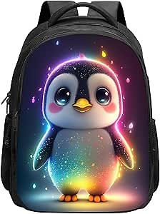 Penguin Backpack for Kids, Cute Baby Penguin with Rainbow Galaxy Starry Stars Boby School Backpack Bookbag, 16 Inch Kindergarten Elementary School Backpack for School & Travel, Colorful