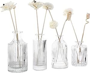MyGift Clear Glass Reed Diffuser Bottle - Vintage Style Small Flower Bud Vase, Apothecary Ribbed Decorative Bottles, 4 Piece Set