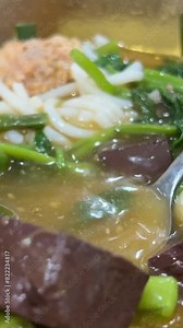 Beef blood soup pieces of blood in soup asian food with glass vermicelli. spinach vegetables