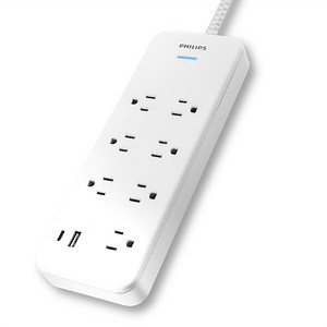 Philips 6-ft 7-Outlet Surge Protector, 1 USB-a, 1 USB-C, 15W, 1500J, Braided Cord, White