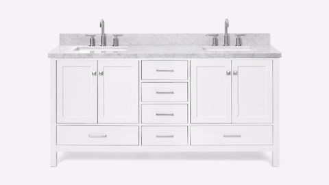 ARIEL Cambridge 72 in. Double Sink Freestanding Bathroom Vanity in White with Carrara White Marble Top A073DCWRVOWHT