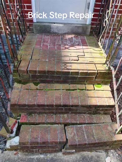 Brick step repair looks beautiful ‼️ Not only were they ugly, but a major tripping hazard. We used the same #brick to restore the steps (we did have to replace a few that were not salvageable) but everything blended well and now the new homeowners have a functional set of steps that will last for decades. #brick #step #brickrestoration #brickrepair #masonry #construction #contractor #masonryrestoration