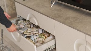Pile money cash in closet home. Opens a drawer in the living room and places stacks of dollar bills in it. Side view, close up.