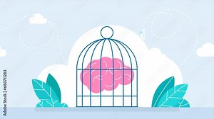 Freedom from templates. Brain locked in a cage. A hand lifts cage from person's brain. Opening creative mind. The liberation and freedom of the mind. Concept of unlock potential. 2d flat animation