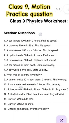 Class 9th, NCERT Motion Numericals of speed and velocity for practice PYQ based with answers 2026