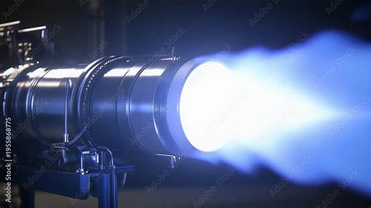 Jet engine turbine creating a powerful blue flame, illustrating concepts of propulsion, speed, and advanced aerospace engineering in a high tech environment