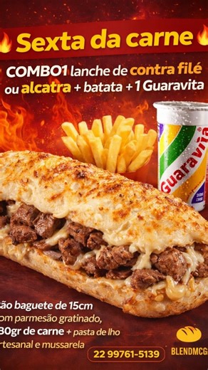 Blendmcgold on Instagram: "🔥 SEXTA DA CARNE É AQUI! 🔥 Hoje é dia de comer bem e sem miséria 😍 🥖 Combo 1 imperdível de 49,90$ 👉 Lanche de contra filé OU alcatra 👉 180g de carne suculenta 👉 Pão baguete de 15cm com parmesão gratinado 👉 Pasta de alho artesanal + muita mussarela 🍟 200gr de Batata frita 🥤 1 Guaravita Tudo isso pra deixar sua sexta do jeitinho que ela merece 🤤🔥 📲 Peça agora: 22 99761-5139 📍 BlendMCGold ⚠️ Corre que é sucesso e acaba rápido!"