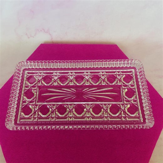 Vintage Cranberry Crystal Tray with Server, Oneida Silversmiths Indiana Glass Condiment Vanity Tray