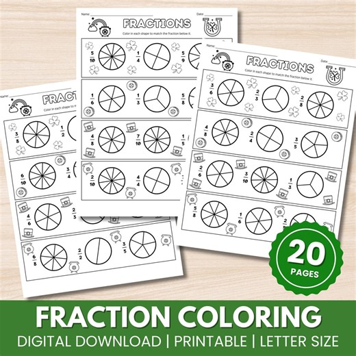 Fraction Coloring Worksheet | Color the Shapes to Match the Fraction | Math Printable | St. Patrick's Day Fraction Activity - Etsy