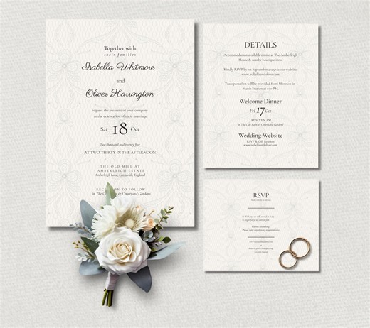 Lace Wedding Invitation Set, Elegant Cream Custom Digital Designs. Romantic Printable Wedding Stationery. - Etsy