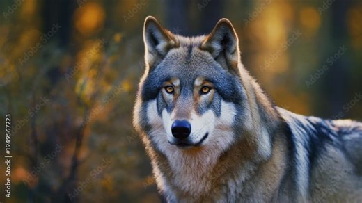 Intense grey wolf with striking amber eyes and detailed fur texture in a forest setting with autumn foliage and soft golden light
