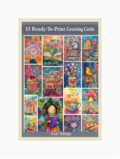 15 Printable Greeting Cards Bundle, Bright Colorful Card Set, Whimsical Blank Art Cards, 4x6 Printable Cards, Instant Download - Etsy