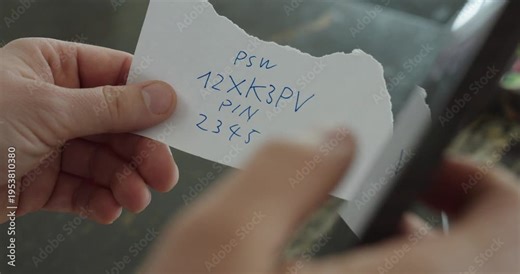 Close-up of a person typing a password and PIN into a smartphone using a handwritten note.