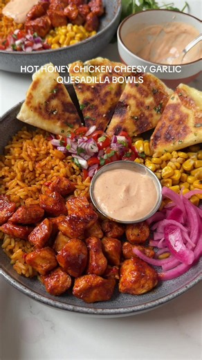 Hot Honey Chicken Garlic Quesadilla Bowls (High-Protein)