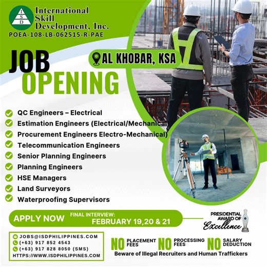 📢 JOB OPENING IN AL KHOBAR, KSA! 🧰 HOW TO APPLY: Please report to our office for interview. We are open from Monday to Friday 9:00am-6:00pm. Please bring copies of your CV/ Resumes and supporting documents (COE, trainings, seminars), bring original for verification. Location: 5439 Curie Street, Palanan 1235 Makati, Philippines Business Hours: Mon - Fri: 9:00 AM - 6:00 PM (Except holidays) 🧰 QC ENGINEERS (ELECTRICAL) ▸ Graduate of B.S. Electrical Engineering ▸ With minimum of 8 years’ experien
